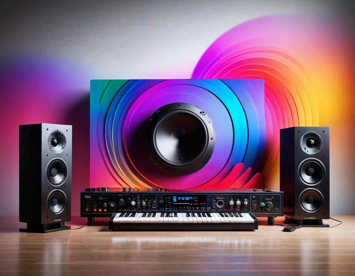 A visually striking studio setup featuring high-tech audio equipment and soundwaves emitting from speakers. Include elements like colorful sound meters, headphones, and musical notes swirling around to symbolize sonic enhancement. The background should be filled with abstract sound vibrations and gradients that evoke a sense of creativity and precision. super-realistic. vibrant colors. modern design.