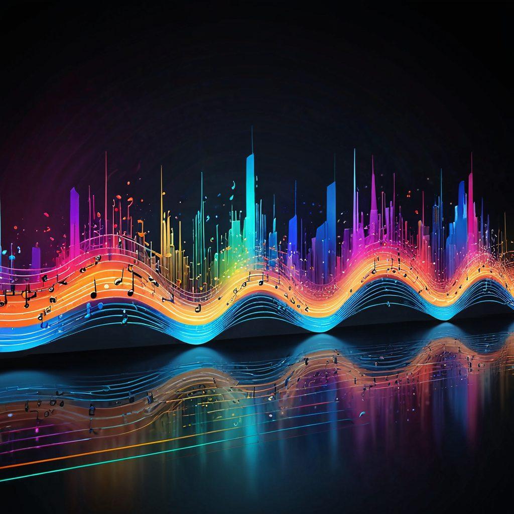 An abstract representation of audio waves intertwining with digital circuits, symbolizing the fusion of music and technology. Include visual elements of high-fidelity sound, such as musical notes transforming into vibrant sound waves amidst a backdrop of a modern studio setting. The colors should be vivid and dynamic, conveying energy and creativity. Focus on a futuristic and sleek design. super-realistic. vibrant colors. 3D.